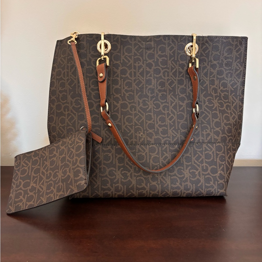 Calvin Klein Brown Designer Shoulder Tote Bag with Matching Pouch